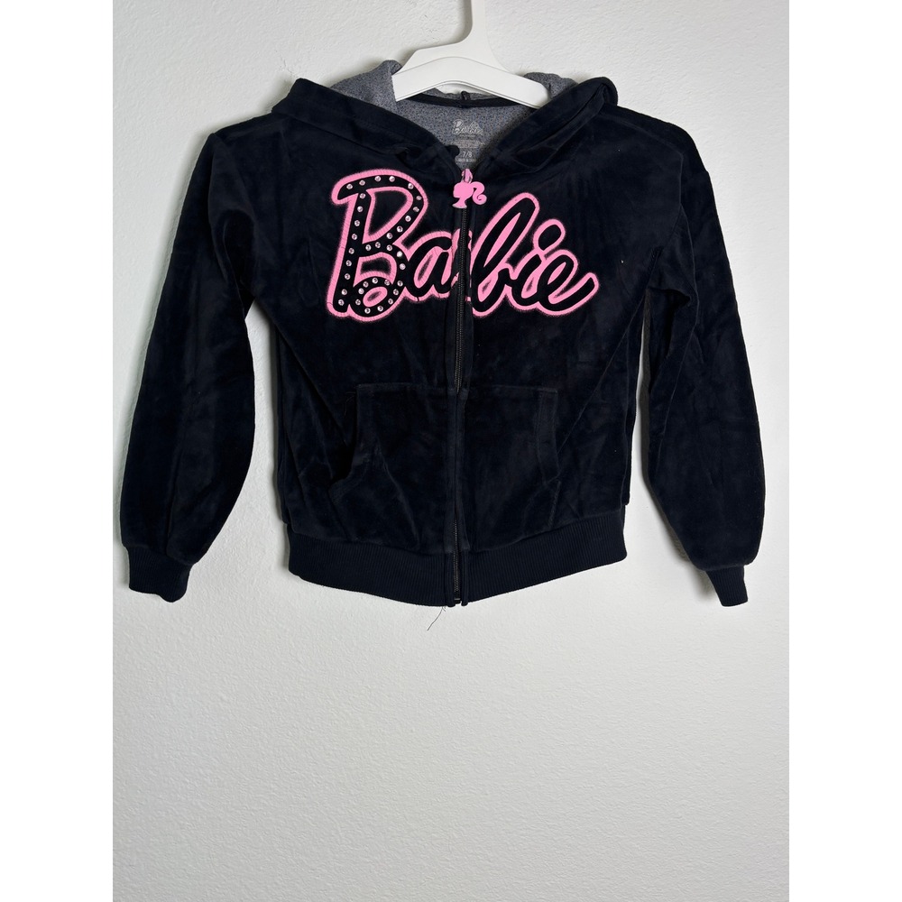 Barbie Girls Black Velour Zip Up Hoodie Pink Rhinestone Logo Sweatshirt Size 7/8